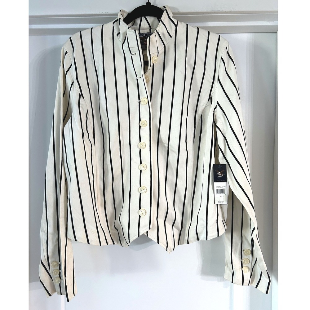 NEW American Living Womens XL Cream Black Striped Cotton Mock Neck Button Jacket